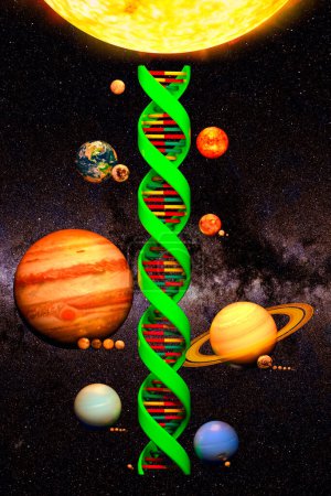 Foto de Tierra dentro de la espiral de ADN en el espacio. Investigación de moléculas de ADN, concepto. Renderizado 3D - Imagen libre de derechos