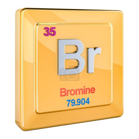 Bromine Br, chemical element sign with number 35 in periodic table. 3D rendering isolated on white background