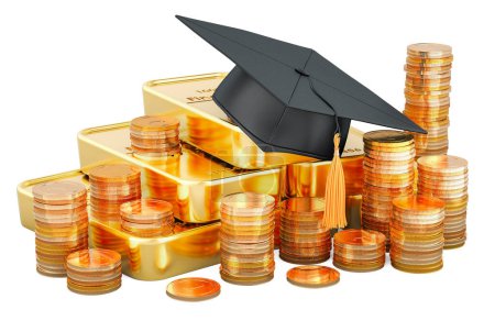 Barras de oro y monedas de oro con sombrero de graduación. Representación 3D aislada sobre fondo blanco