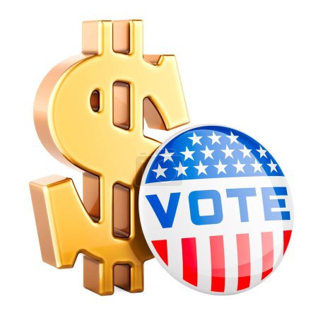 Badge de vote, élection aux États-Unis avec symbole dollar, rendu 3D isolé sur fond blanc