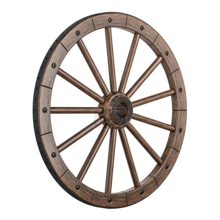 Retro spoked wooden wheel, 3D rendering isolated on white background