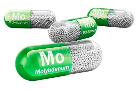 Molybdän-Kapseln, Mo Nahrungsergänzungsmittel. 3D-Rendering isoliert auf weißem Hintergrund