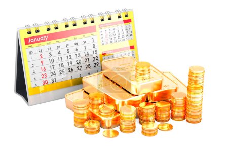 Tischkalender mit Goldbarren und Goldmünzen, 3D-Rendering isoliert auf weißem Hintergrund