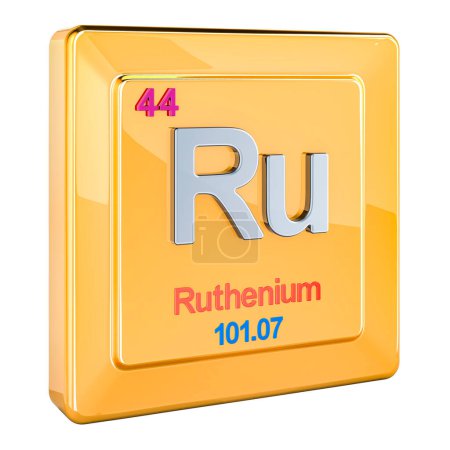 Rutenio Ru, signo de elemento químico con número 44 en la tabla periódica. Representación 3D aislada sobre fondo blanco