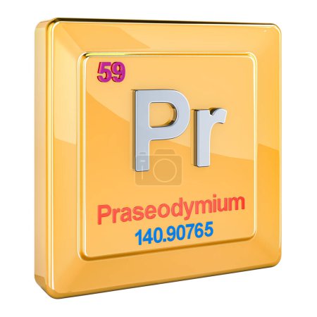 Praseodym Pr, chemisches Elementzeichen mit der Zahl 59 im Periodensystem. 3D-Rendering isoliert auf weißem Hintergrund