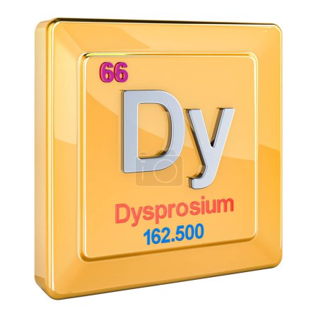 Dysprosium Dy, chemisches Elementzeichen mit der Zahl 66 im Periodensystem. 3D-Rendering isoliert auf weißem Hintergrund