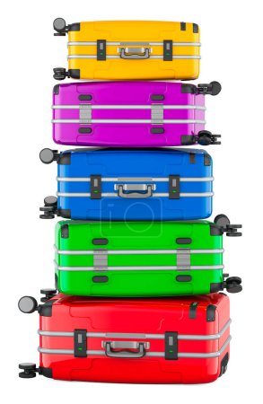 Coloridos maletines pila, montón de maletas de colores. Representación 3D aislada sobre fondo blanco