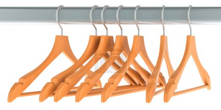 Empty Wood Hangers on metallic clothing rack, 3D rendering isolated on white background 