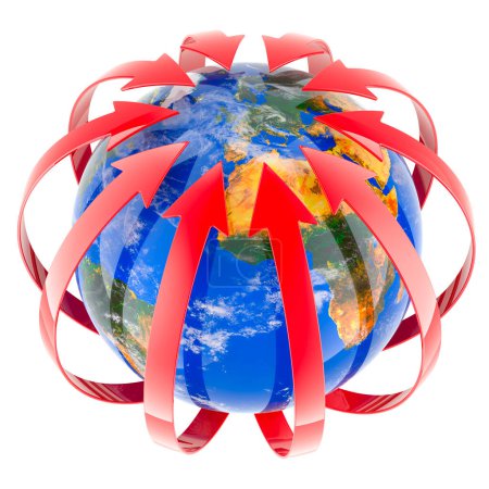 Globo Tierra con flechas rojas alrededor. 3d representación aislada sobre fondo blanco