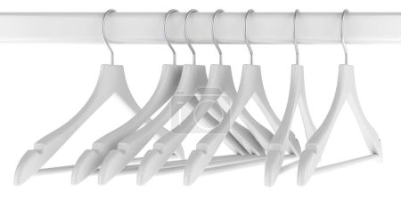 Empty Hangers on metallic clothing rack, 3D rendering  isolated on white background 