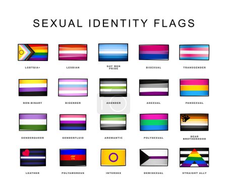 Téléchargez les illustrations : A set of colorful logos of LGBT pride flags. LGBT symbols. Flags of sexual identification. Vector illustration on a white background. - en licence libre de droit