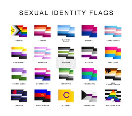 Téléchargez les illustrations : LGBT symbols. Flags of sexual identification. A set of colorful logos of LGBT pride flags. Vector illustration on a white background. - en licence libre de droit