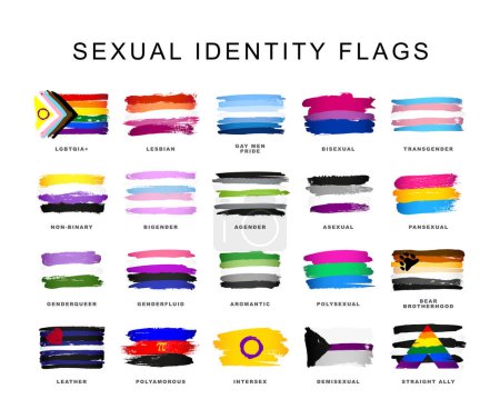 Téléchargez les illustrations : Flags of sexual identification. A set of colorful logos of LGBT pride flags. LGBT symbols. Vector illustration on a white background. - en licence libre de droit