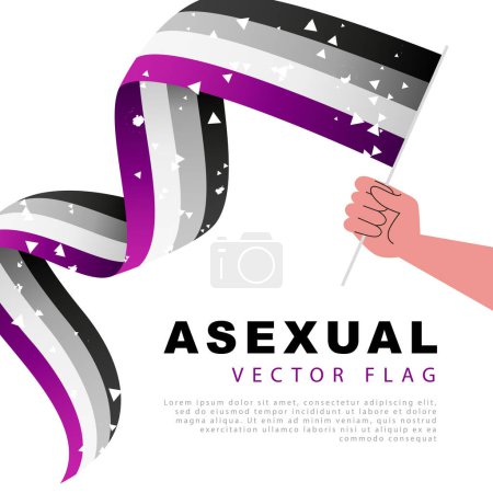 Ilustración de The flag of asexual pride in the hand of a man. Lack of sexual orientation. Sexual identification. A colorful logo of one of the LGBT flags. Vector illustration. - Imagen libre de derechos