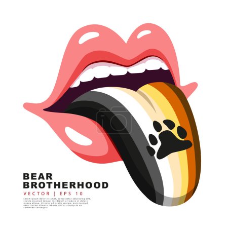 Téléchargez les illustrations : Pale pink lips with a protruding tongue painted in the colors of the bear brotherhood flag. A colorful logo of one of the LGBT flags. Sexual identification. Vector illustration on a white background. - en licence libre de droit