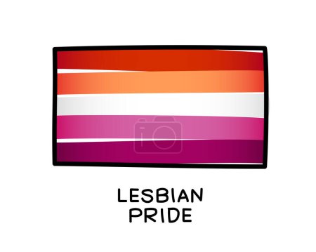 Illustration for The flag of lesbian pride. A colorful logo of one of the LGBT flags. Red, orange, white, pink and burgundy-purple brushstrokes, drawn by hand. Black outline. Sexual identification. - Royalty Free Image
