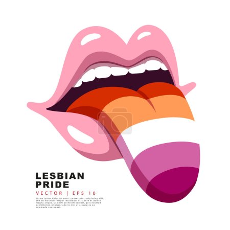 Soft pink lips with a protruding tongue painted in the colors of the lesbian pride flag. A colorful logo of one of the LGBT flags. Sexual identification. Vector illustration on a white background.