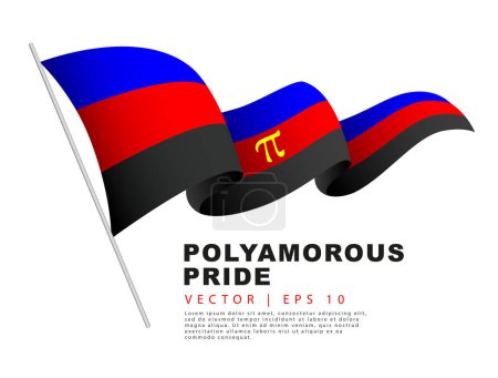 Ilustración de The flag of polyamorous pride hangs on the flagpole and flutters in the wind. A colorful logo of one of the LGBT flags. Sexual identification. Vector illustration on a white background. - Imagen libre de derechos