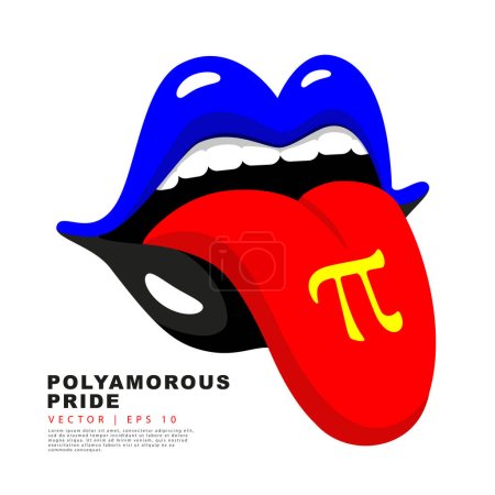 Blue-black lips with a red tongue sticking out. The concept of the polyamorous pride flag. A colorful logo of one of the LGBT flags. Sexual identification. Vector illustration on a white background.
