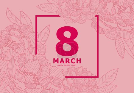 Ilustración de A pale pink postcard for March 8 - International Women's Day. Beautiful blooming peonies on a pink background. Lush buds of peonies. Vector contour illustration. - Imagen libre de derechos