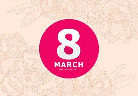 Ilustración de A beautiful postcard for March 8 - International Women's Day. Lush buds of blooming peonies on a delicate peach background. Vector contour illustration. - Imagen libre de derechos