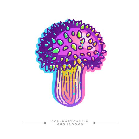 A toxic fantastic psilocybin mushroom. Drawing of a magical surreal hallucinogenic mushroom in purple flowers. The concept of a toadstool is hand-drawn. The concept of a toadstool is hand-drawn. Amazing fly agaric sticker. Vector illustration.
