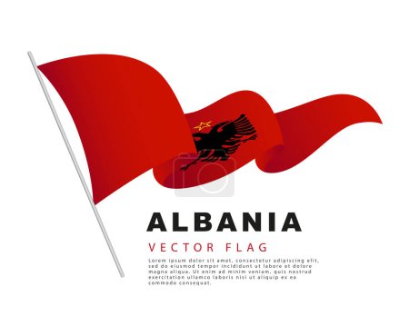Téléchargez les illustrations : The flag of Albania hangs on a flagpole and flutters in the wind. Vector illustration on a white background. Colorful logo of the Albanian flag - en licence libre de droit
