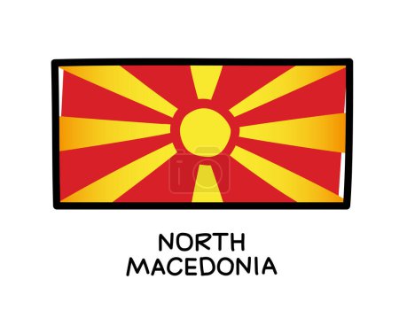 Téléchargez les illustrations : Flag of North Macedonia. Colorful logo of the Macedonian flag. Red and yellow brush strokes, hand drawn. Black outline. Vector illustration isolated on white background. - en licence libre de droit