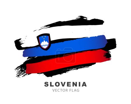 Téléchargez les illustrations : Flag of Slovenia. Colored brush strokes drawn by hand. Vector illustration isolated on white background. Colorful puff flag logo. - en licence libre de droit