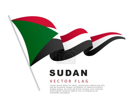 Ilustración de The flag of Sudan hangs on a flagpole and flutters in the wind. Vector illustration isolated on white background. Colorful Sudanese flag logo. - Imagen libre de derechos