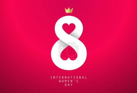 Ilustración de Amazing holiday postcard by March 8 - International Women's Day. Large white number 8 with two hearts on a scarlet background. Vector illustration. - Imagen libre de derechos