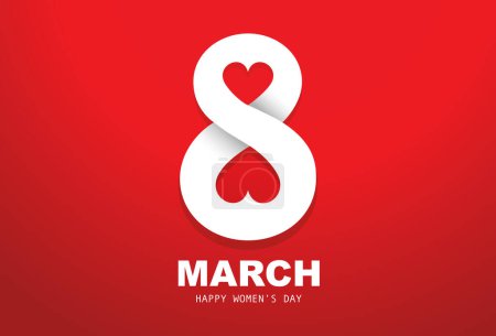 Ilustración de Beautiful holiday card by March 8. International Women's Day. Large white number 8 with two hearts on a red background. Vector illustration. - Imagen libre de derechos