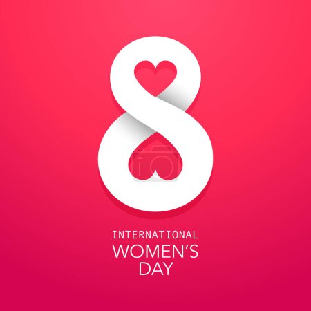 Ilustración de International Women's Day. A beautiful holiday card by March 8. Large white number 8 with two hearts on a red background. Vector illustration. - Imagen libre de derechos