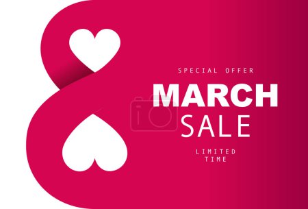 Illustration for Special offer is a March sale with a limited time. March 8 - International Women's Day. Large red number 8 with two hearts on a white background. Vector illustration. - Royalty Free Image