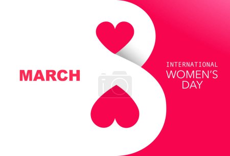 Ilustración de Beautiful holiday card for March 8. International Women's Day. Large white number 8 with two hearts on a scarlet background. Vector illustration. - Imagen libre de derechos