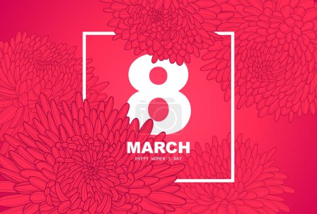 Ilustración de Beautiful card for March 8 - International Women's Day. Amazing blooming red chrysanthemums on a red background. Lush buds of chrysanthemums. Vector outline illustration. - Imagen libre de derechos