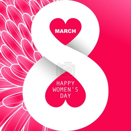 Ilustración de Large white number 8 with two hearts on a scarlet background. Beautiful holiday card with chrysanthemum for March 8. International Women's Day. Vector illustration. - Imagen libre de derechos