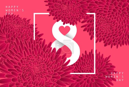 Ilustración de Beautiful blooming red chrysanthemums on a pink background. Amazing postcard for March 8 - International Women's Day. Lush buds of chrysanthemums. Vector outline illustration. - Imagen libre de derechos