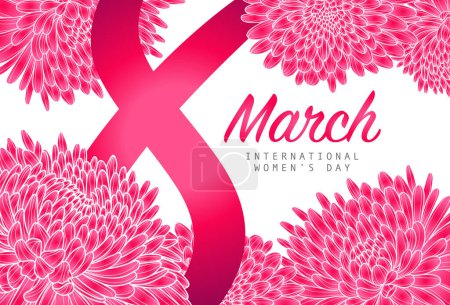 Ilustración de Lush buds of chrysanthemums. Blooming red chrysanthemums on a white background. Amazing postcard for March 8 - International Women's Day. Vector outline illustration. - Imagen libre de derechos