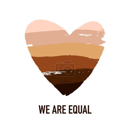 Téléchargez les illustrations : International Day for the Elimination of Racial Discrimination. Inscription - We are all equal. Heart in different colors of human skin. Vector illustration isolated on white background. - en licence libre de droit
