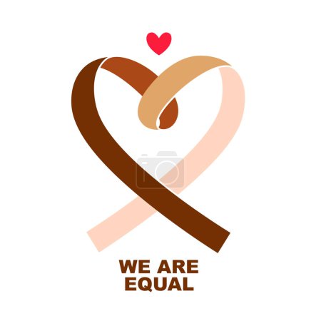Téléchargez les illustrations : Inscription - We are all equal. Ribbon in the shape of a heart in different colors of human skin. International Day for the Elimination of Racial Discrimination. Vector illustration isolated on white background. - en licence libre de droit