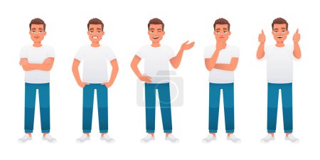 A young caucasian male in a white t-shirt and blue jeans stands in various poses. Man in full growth character set. The guy stands with his arms crossed, thinks about something, points to something, a gesture of approval. Vector illustration isolated