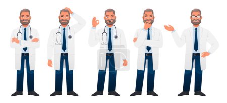 Hombre blanco barbudo con una bata blanca está de pie en diferentes posturas. El médico jefe masculino es un conjunto completo de personajes. El médico se para con los brazos cruzados, piensa en algo, muestra el signo OK, señala algo.