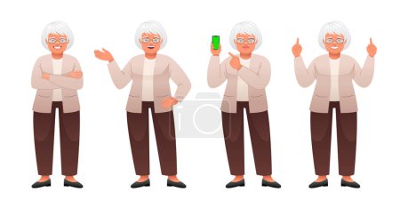 Illustration for An elderly woman stands with her arms crossed, pointing at something, with a smartphone in her hand. An old white woman with gray hair in glasses stands in various poses. Grandmother in full growth character set. - Royalty Free Image