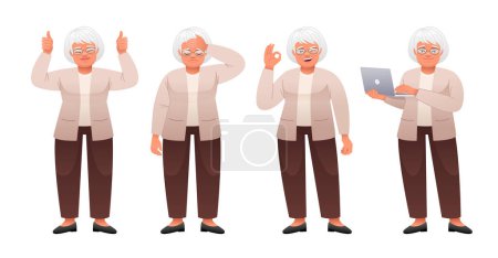 Illustration for An old white woman stands with a laptop in her hands, in sadness, shows an OK sign, a gesture of approval. An elderly woman with gray hair in glasses stands in different poses. Grandmother in full growth character set. - Royalty Free Image