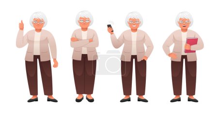 Illustration for Grandmother stands dissatisfied with her arms crossed, with a book in her hand, a gesture of approval, with a smartphone in her hand. Elderly woman in full growth character set. An old white woman with gray hair in glasses stands in various poses. - Royalty Free Image