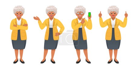 Téléchargez les illustrations : Une femme noire âgée se tient debout les bras croisés, pointant du doigt quelque chose, avec un smartphone à la main. Une vieille africaine aux cheveux gris se tient dans différentes poses. Grand-mère en plein jeu de caractères de croissance. - en licence libre de droit