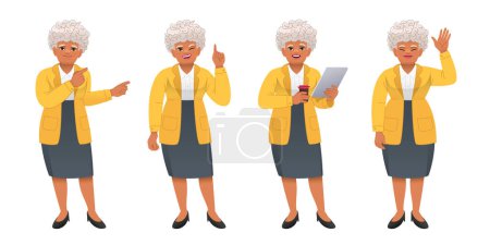 Téléchargez les illustrations : Une vieille Africaine se tient debout avec une tablette et un verre de café dans ses mains, agite sa main, pointe quelque chose. Grand-mère en pleine croissance jeu de caractères. Une femme noire âgée aux cheveux gris se tient dans diverses poses. - en licence libre de droit