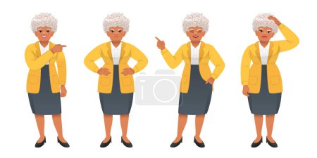 Téléchargez les illustrations : Grand-mère est insatisfaite, pense à quelque chose, pointe quelque chose. Une vieille africaine aux cheveux gris se tient dans différentes poses. Femme noire âgée en plein jeu de caractères de croissance. - en licence libre de droit