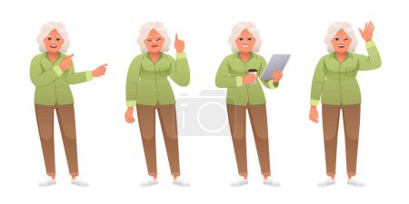 Illustration for Grandmother stands with a tablet and a glass of coffee in her hands, points to something, waves her hand. Elderly woman in full growth character set. An old white woman with gray hair stands in various poses. - Royalty Free Image